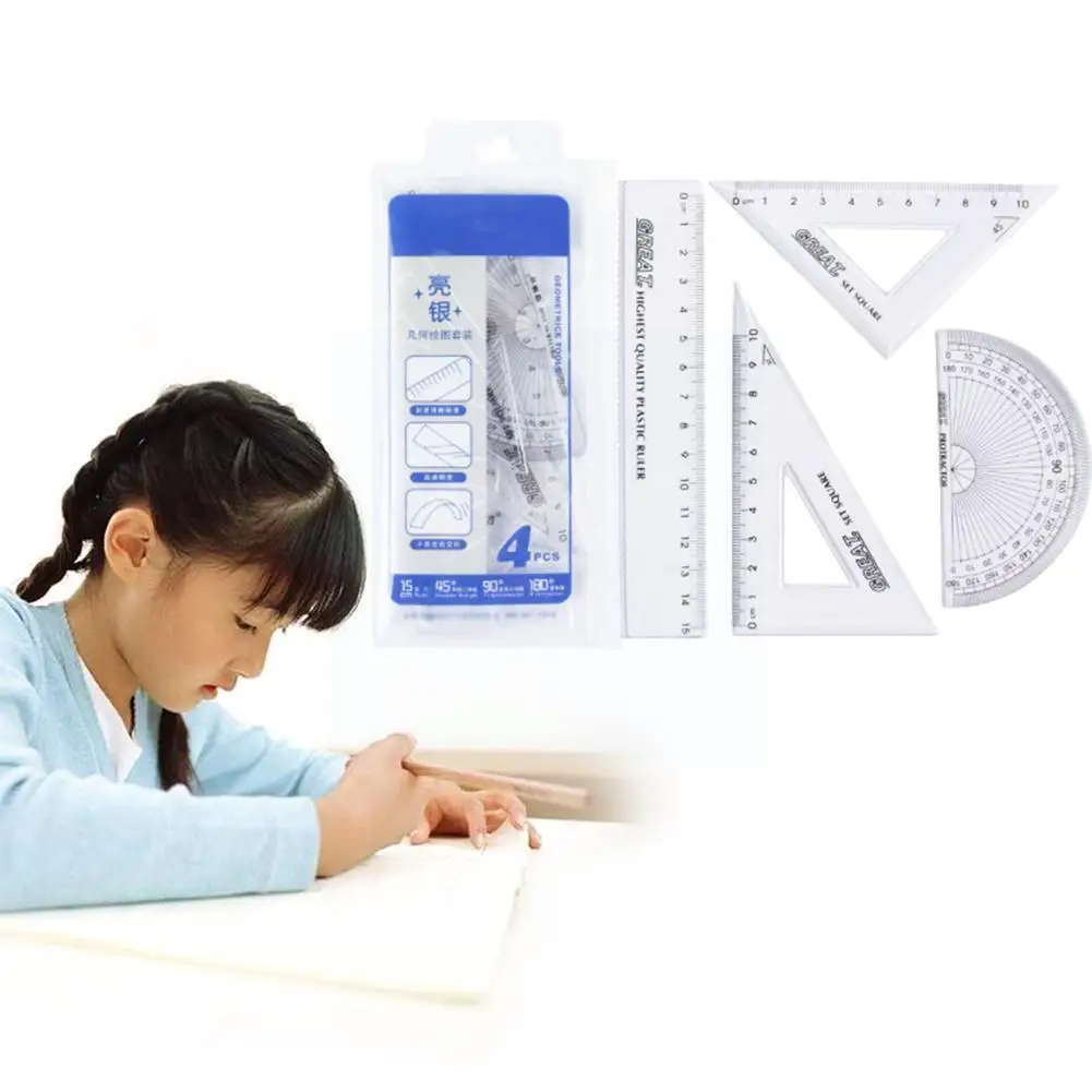 

4 In 1 Plastic Ruler Stationery Set Multifunctional Protractor Ruler Combination Tool Ruler Drawing L9i2