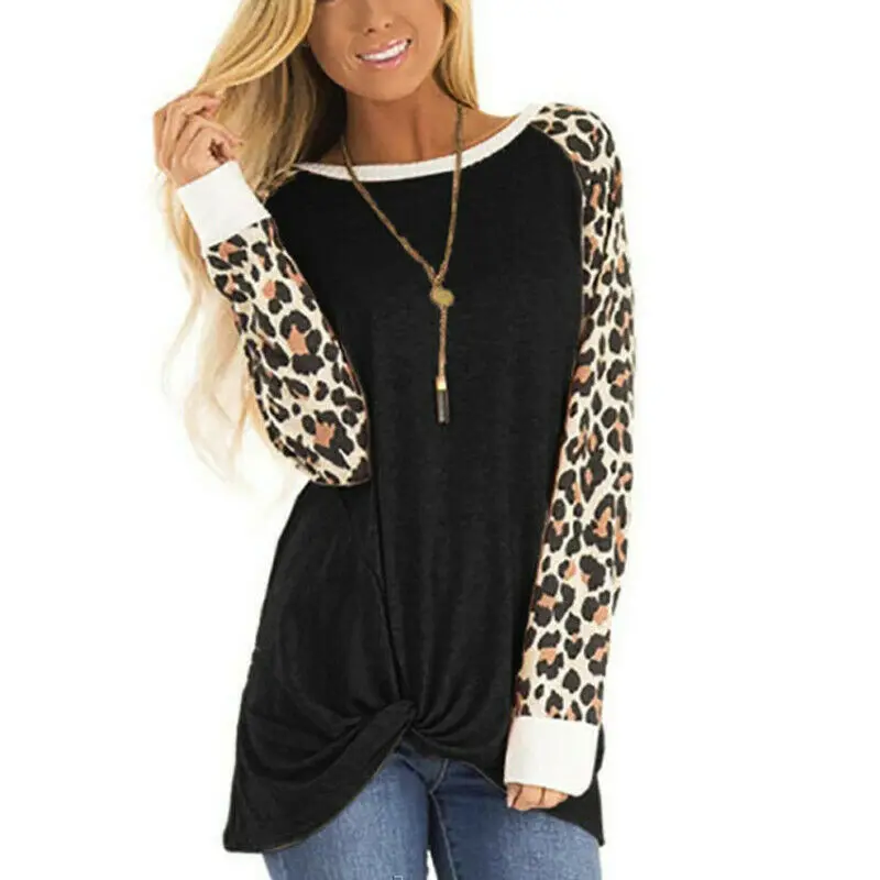 

Plus Size Women Casual O-Neck T-Shirt Ladies Long Sleeve Leopard Print Loose Top Shirts 2019 New