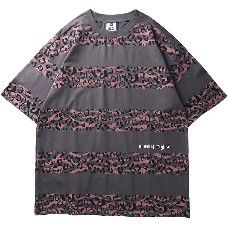 

2020 Summer Leopard Print Striped Men T Shirt Korean Style Hip Hop Oversize T Shirt Lover Streetwear Short Sleeve Cotton Tops