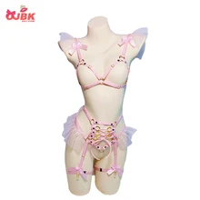 Сексуальное женское белье, пастельный панковский пояс для тела, Женский подвязка, розовый бант, шифоновый бюстгальтер, каваи, открытый бюст, топ, бондаж, клетка для тела