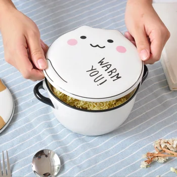 

Household Portable Ceramics Cute Cartoon Pattern With Cover Round Anti-slip Instant Noodles Lunch Box Bowl