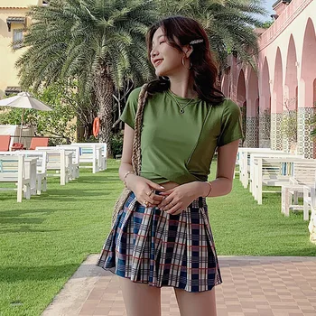 

Swimsuit For Full Swimwear Women Bikini Beach Womens Brand Three Piece Divided Swimsuits With Skirt Short Long Sleeve Plaid