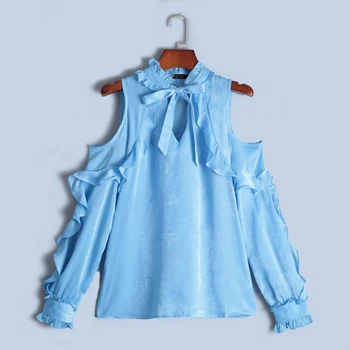 

Early Spring Open Shoulder Ladies's Shirt Women Office Work Ruffle Long-sleeved Blouse Sweet Lace-up Bow Tie Female Blouses Top