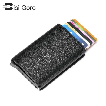 

BISI GORO RFID Pop-Up Card Holder Aluminum Box Litchi Soft Leather Card Case Information Protector Security Clutch Casual Wallet