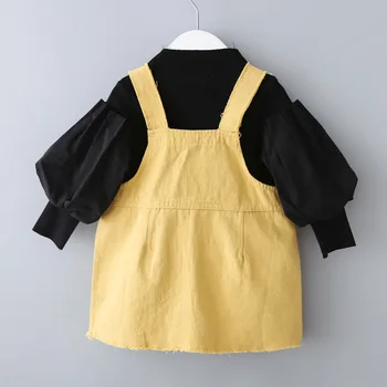 

2019 new Korean girls autumn dress two-piece fashion lantern sleeves shirt strap skirt suit skirt tide
