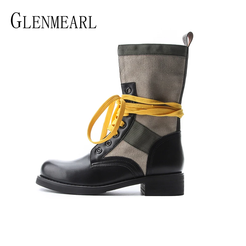 

Women Boots Platform Ankle Boots Lace Up Winter Fashion Shoes Round Toe Flat Heel Comfortable Leather Canvas 2020 New Arrivals