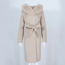 OFTBUY 2021 płaszcz z prawdziwego futra kurtka zimowa kobiety naturalne futro z lisa kołnierz z kapturem kaszmir wełna mieszanki długa odzież wierzchnia Lady Streetwear