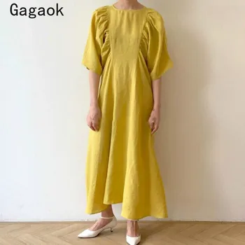

Gagaok Women Vintage Fashion Dress 2020 Summer New V-Neck Pockets Solid Three Quarter Ankle-Length Loose Chic Wild Dresses