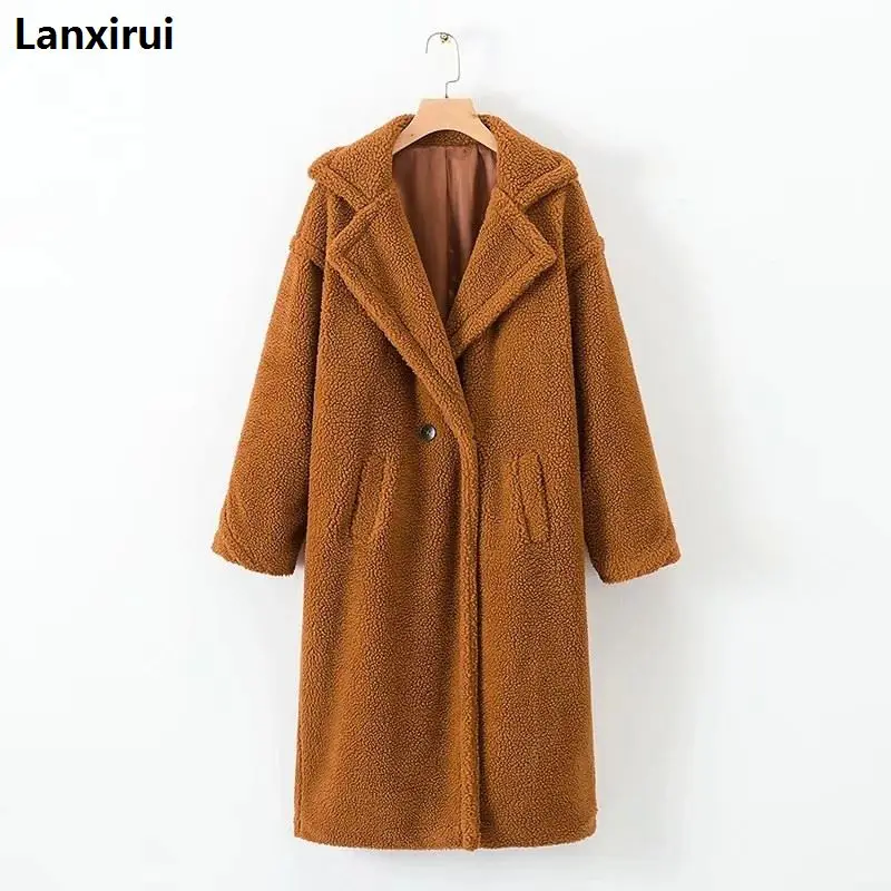 Lanxirui мех смесь шерсти теплая уличная одежда больших размеров Длинная женская Повседневная Верхняя одежда натуральный цвет девушка пальто Nov14