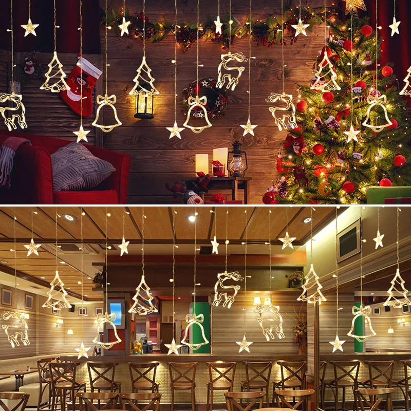 

220V LED Christmas Lights Led 3m Curtain Light Garland Bell Deer Star Fairy Light Garland String Lights For New Year Home Decors