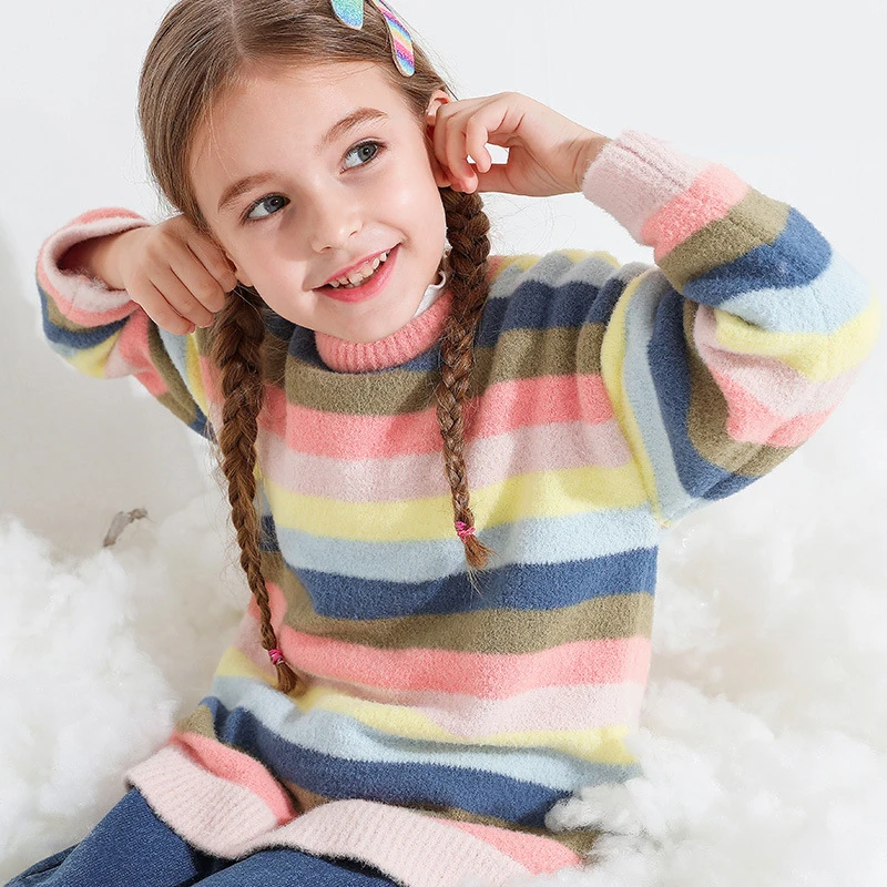 

2020 Autumn Childrens Clothes Winter Rainbow Striped Children Sweater Kids Girls Sweater Kids Rainbow Long Sleeve Clothes