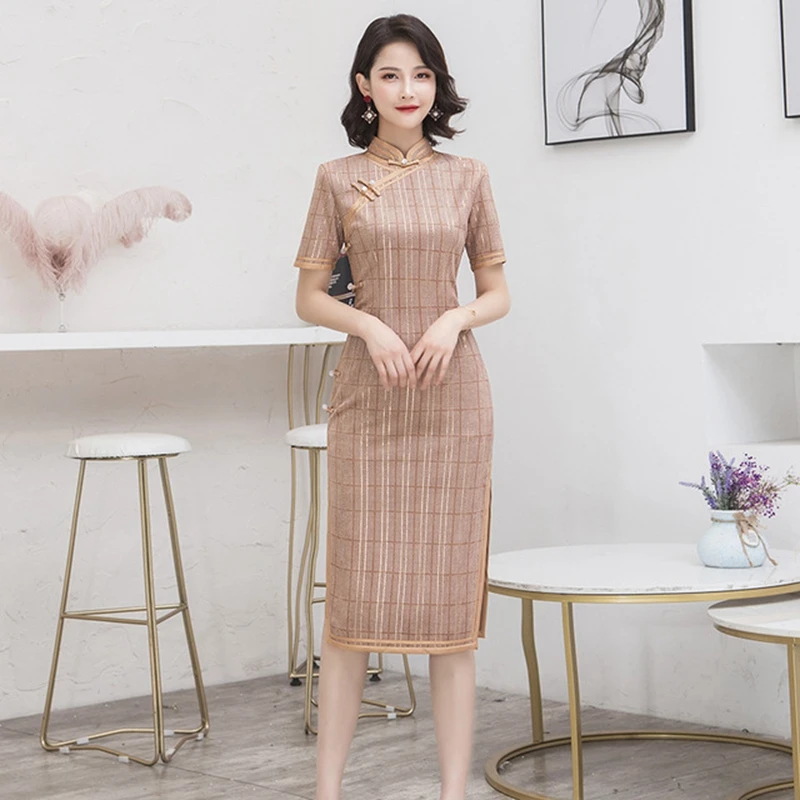Женское клетчатое платье Cheongsam с Секцией Замшевое платье Женская Осенняя зимняя Новинка большой размер длинный абзац элегантная тонкая одежда cheongsam