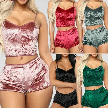 

2020 Fashion Women 2pcs Velvet Sleepwear Sexy Spaghetti Strap Shorts Pajama Set Ladies Sleepwear female