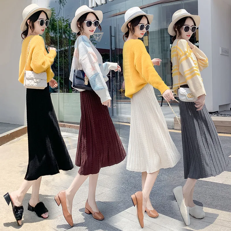 

Photo Shoot Pleated Knitted Skirt 2019 Autumn And Winter New Korean Fashion Elegant High-waisted A- line Skirt Linen Flower Colo