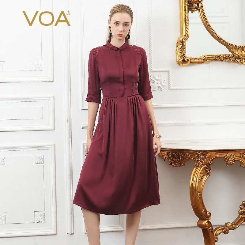

VOA Silk Solid Color Collar Concealed Single Breasted Five-point Sleeve Topline Mid-Waist Pleated Retro Medium Dress ZA7720
