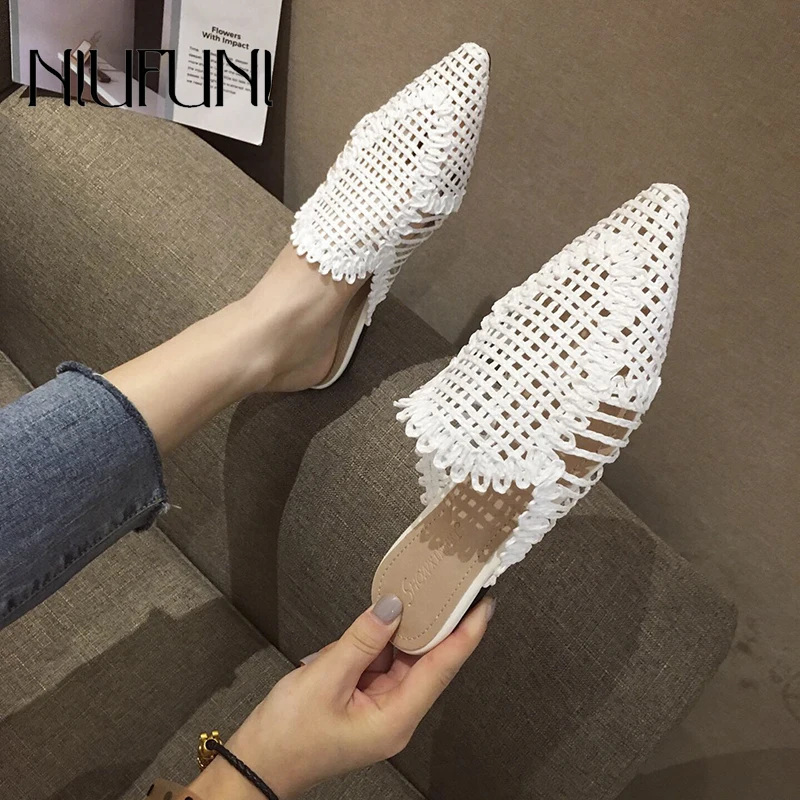 NIUFUNI женские Ротанговые тапочки, однотонные повседневные полые тапочки, женские тапочки с заостренным носком, плоская обувь, пляжная обувь|Тапочки| | АлиЭкспресс
