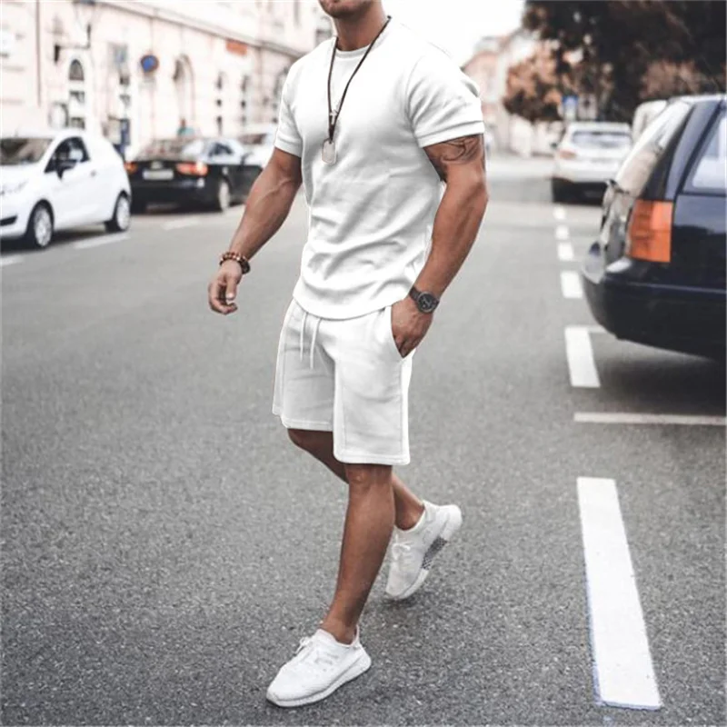 Ta&To Men Tracksuit 2 Piece Set Summer Solid Sport Hawaiian Suit Short Sleeve T Shirt and Shorts
