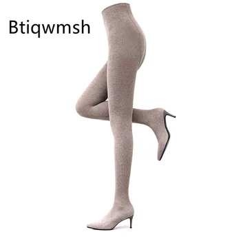 

2020 Slim Trousers With Boots Women Pointed Toe Elastic Gray Red High Heel Boots Femme Fashion Long Sock Boots