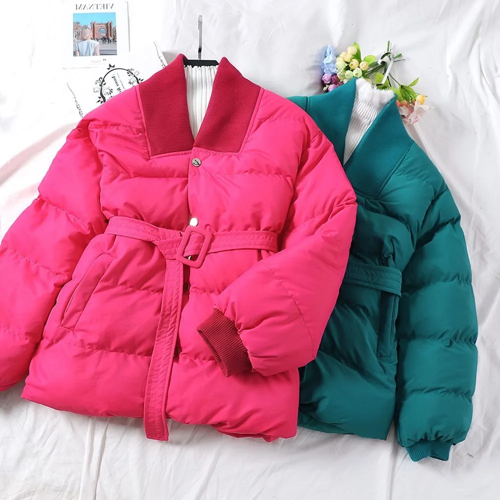 

Belt V-neck of Versatile Waist Hugging Slimming Coat Cotton Coat Women Coat Slim Fit Short Loose Winter