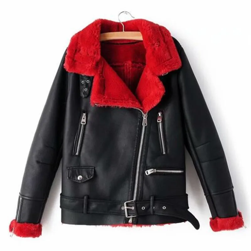 black red Новинка, свободное зимнее пальто, женская одежда, с отворотом, мотоциклетное кожаное пальто, Женское пальто, высокое качество, искусственная кожа, теплая зимняя куртка, модное пальто - Цвет: black red
