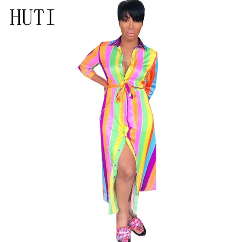 

HUTI Vintage Rainbow Stripe Long Section Women Dress Elegant Button Turn-down Femme Loose Maxi Print Dress Casual Vestidos Longo