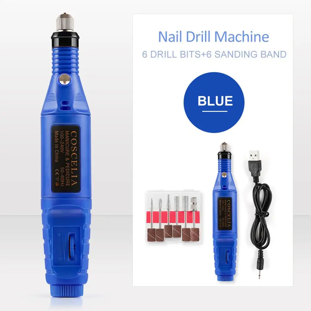 Blue 1 Набор, профессиональный электрический набор для ногтей, Типсы для маникюра, электрическая ручка для нейл-арта, педикюр, 6 бит, набор инструментов для нейл-арта, подарок - Цвет: Blue