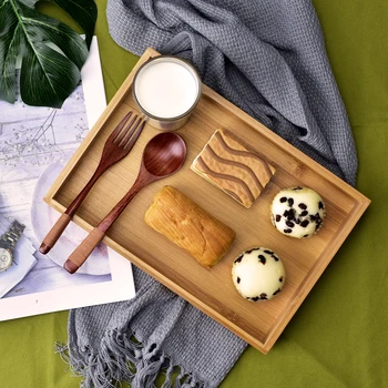 

Natural Bamboo Serving Tray Storage Box Solid Wood Storage Plate Snack Tray
