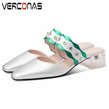 

VERCONAS Women Classic Design Thick Heel Slippers Genuine Leather Pointed Toe Mules Sandals Sweet Thick Heels Shoes Woman