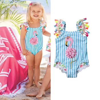 

Toddler Baby Girl One Piece Swimsuit Beach Wear Striped Flamingo Bikini Tassels Swimwear Bathing Suits 0-6T