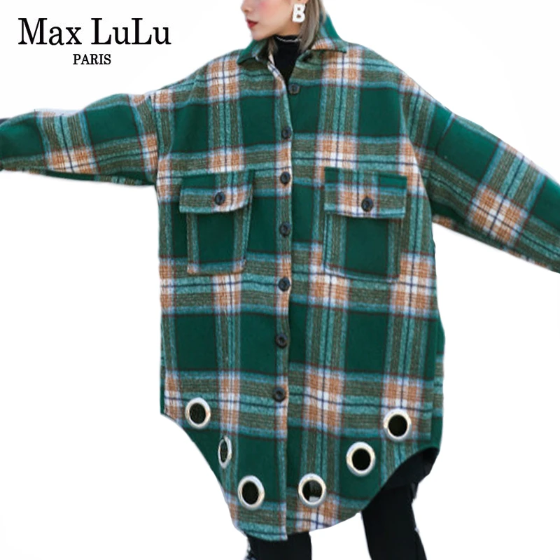 Max LuLu корейская мода ветровка женская панк зимняя теплая одежда женская клетчатая Длинная шерстяная пальто повседневное пальто плюс размер