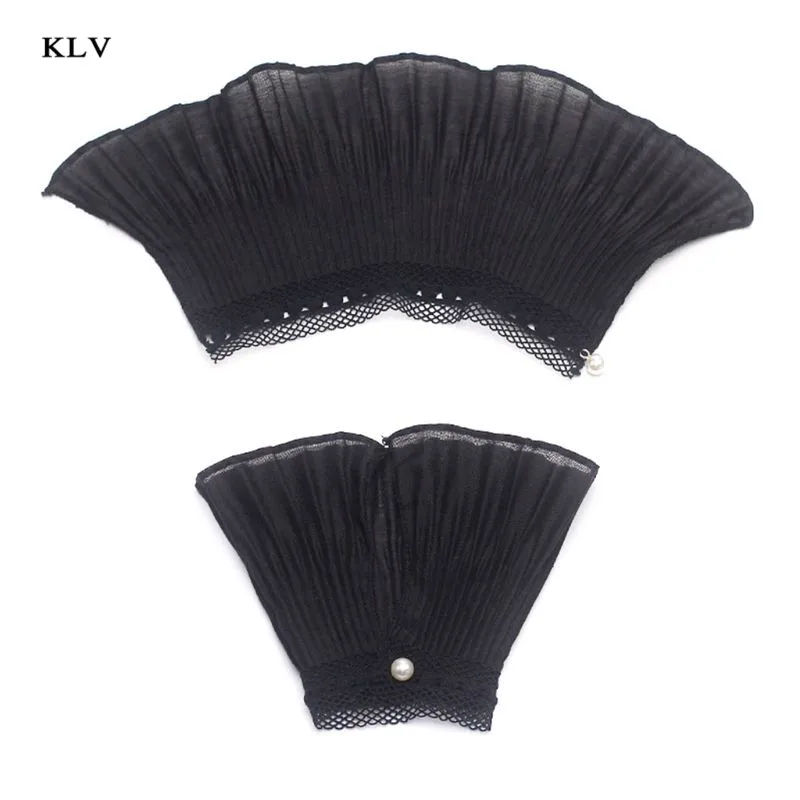 Black pleated Женские Девушки поддельные расклешенные рукава цветочные кружева плиссированные с рюшами Ложные манжеты свитер блузка одежда Наручные Теплые с искусственным жемчугом пуговицы - Цвет: Black pleated
