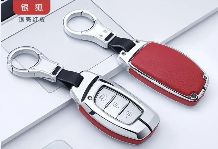 Silver Red Цинковый сплав+ натуральная кожа чехол для ключей автомобиля для hyundai Verna Sonata Elantra Tucson Auto Creta I10 I20 Santa Fe - Название цвета: Silver Red