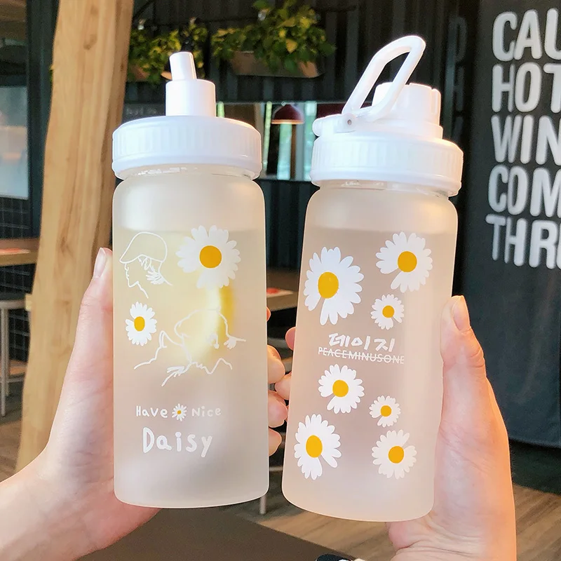 

Creative Korean Frosted Glass Water Bottles Cute Small Daisies Water Bottle With Straw Portable Leakproof Water Cup For Girls