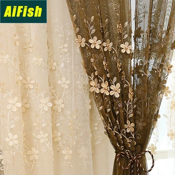 

European Pastoral Pearl Embroidered Tulle Curtains Living Room Bedroom Balcony Coffee Beige Tulle Curtains wp362T4