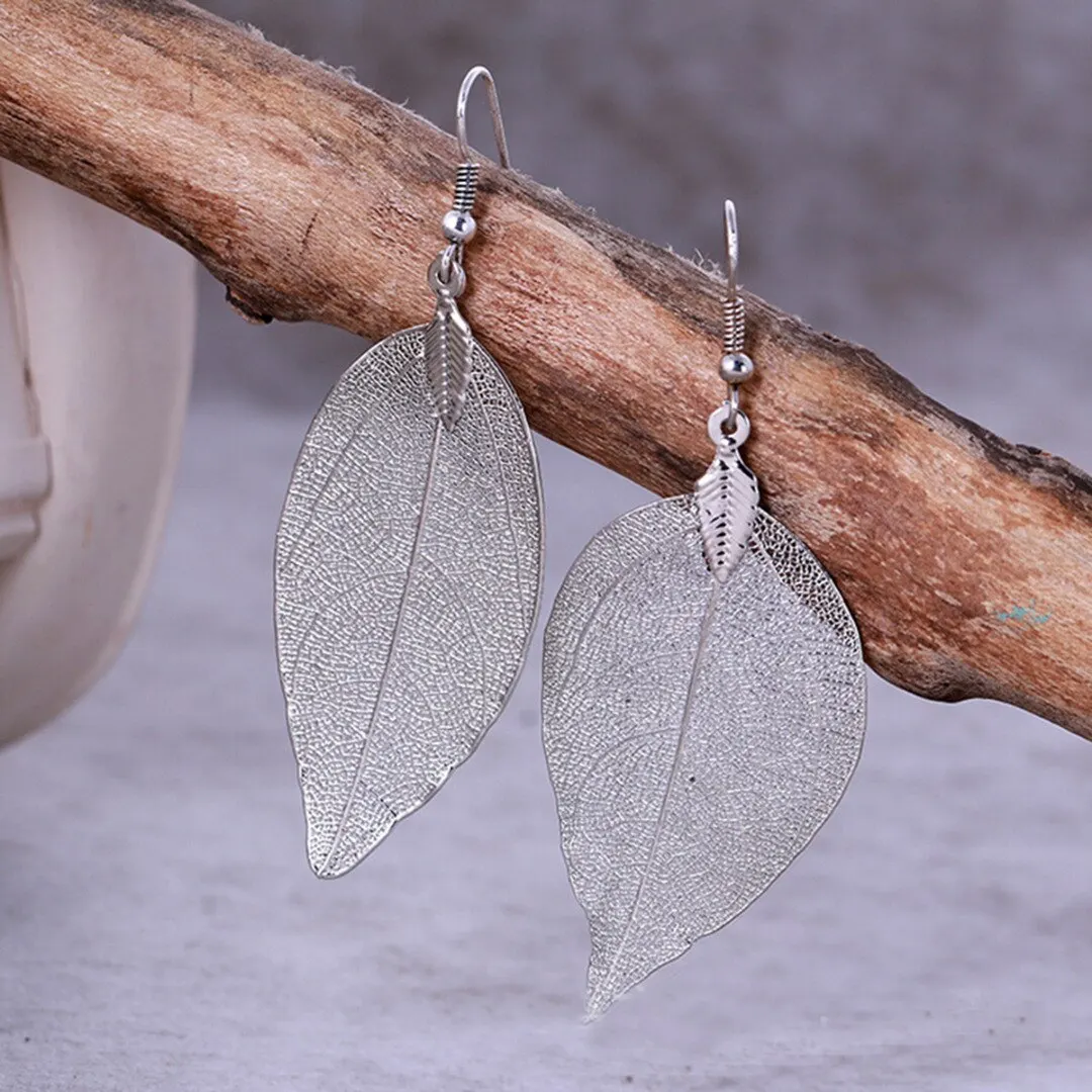 Vintage Leaves Earrings Necklaces Shellhard Long Natural Real Dipped Leaf Leaves Dangle Earring Ethic Women Jewelry 4Colors