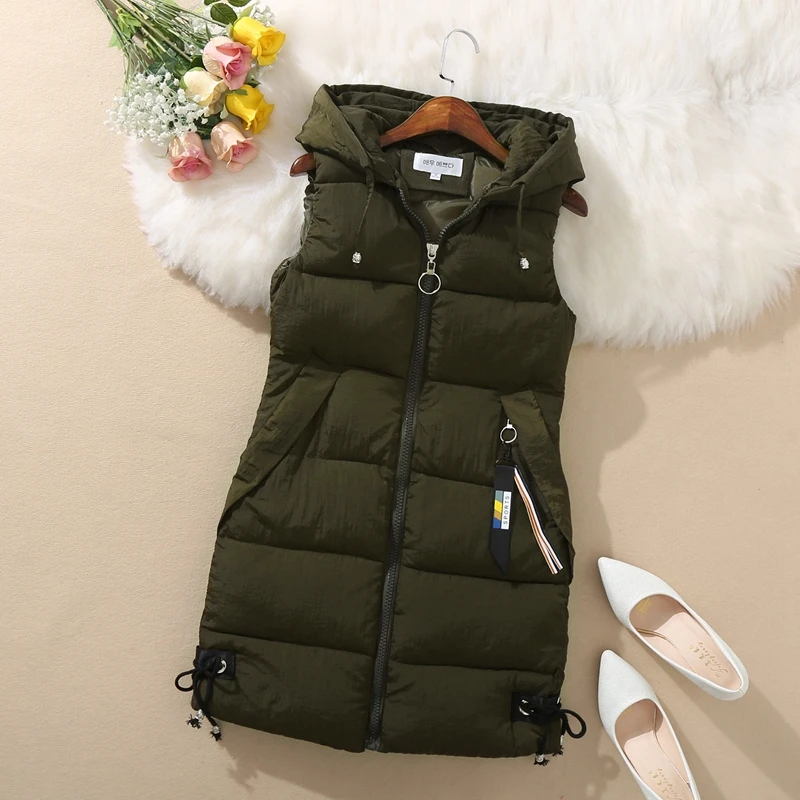 Hndjxxxy плюс размер женский жилет зимняя куртка карманное пальто с капюшоном теплый повседневный жилет из хлопка, с подкладкой женский тонкий жилет без рукавов - Цвет: Армейский зеленый