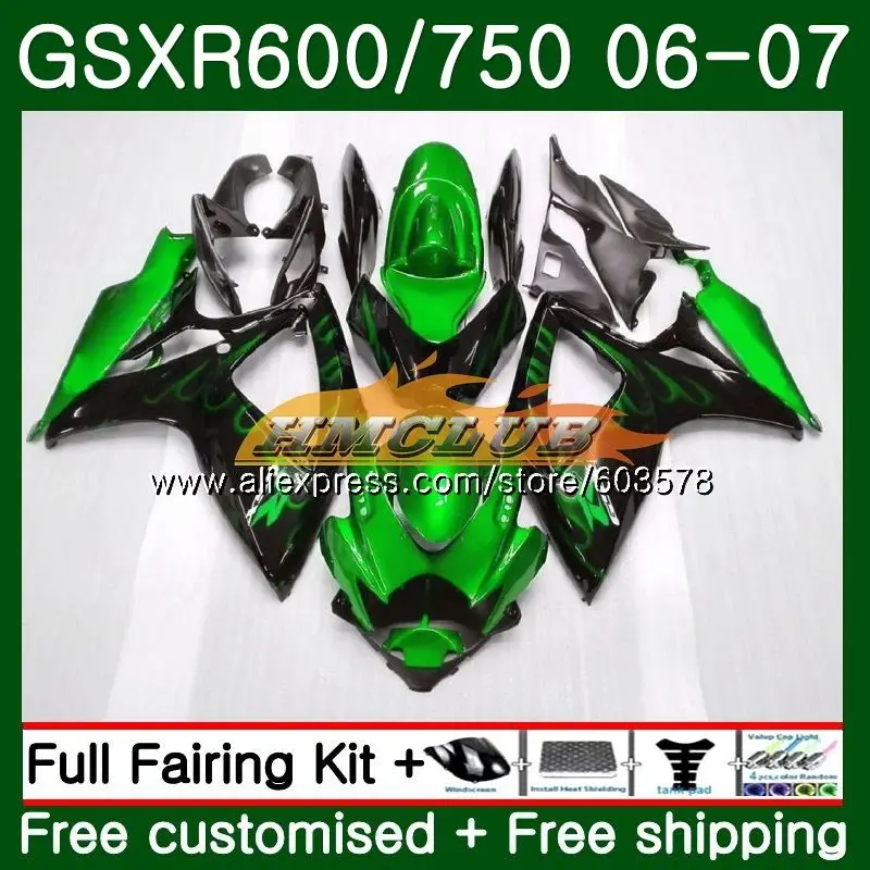 Средства ухода за кожей для SUZUKI GSXR 750 600 GSX R600 GSX-R600 06 07 6CL. 77 GSXR600 06 07 GSXR-750 K6 GSXR750 2006 2007 Зеленый Обтекатели с пламенем