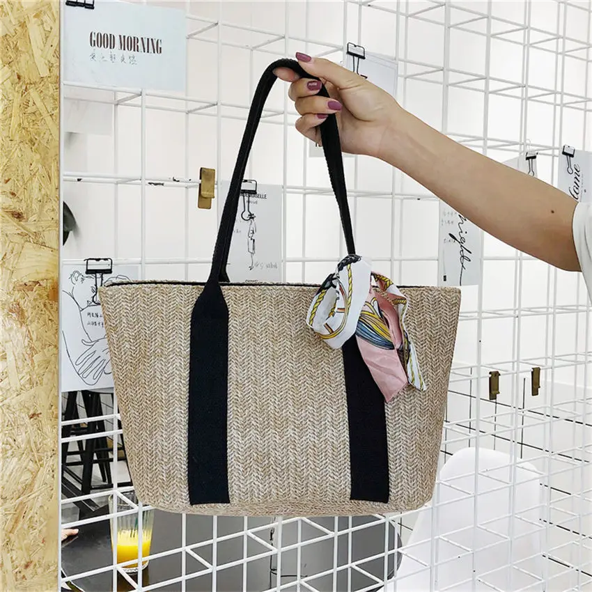 Khaki3 Модная плетеная женская сумка из ротанга, летняя пляжная сумка, Большая вместительная сумка, ручная работа, вязаная соломенная сумка через плечо для женщин - Цвет: Khaki3