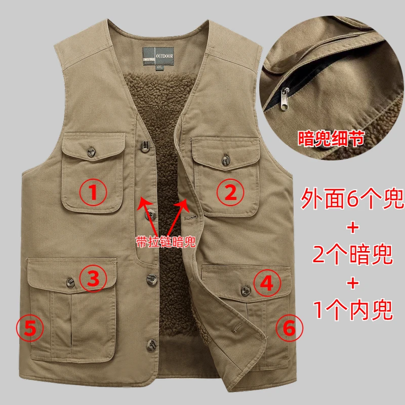 Promotion Winter Multi Pocket Baggy Vest Casual Men Khaki Fleece Warm Sleeveless Jacket With Many Pockets Solid Zipper Reporter Waistcoat