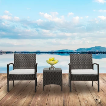 

2pcs Arm Chairs 1pc Coffee Table Rattan Sofa Set Brown Gradient