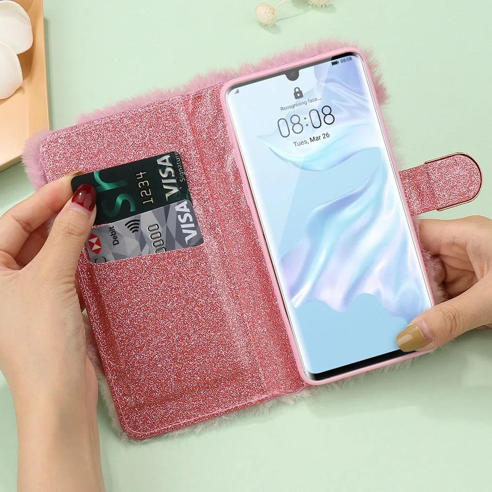 LLZ.COQUE роскошный пушистый кошелек с подставкой флип чехол для телефона huawei P30 Lite Pro Nova 4e Блестящий Магнитный меховой плюшевый чехол