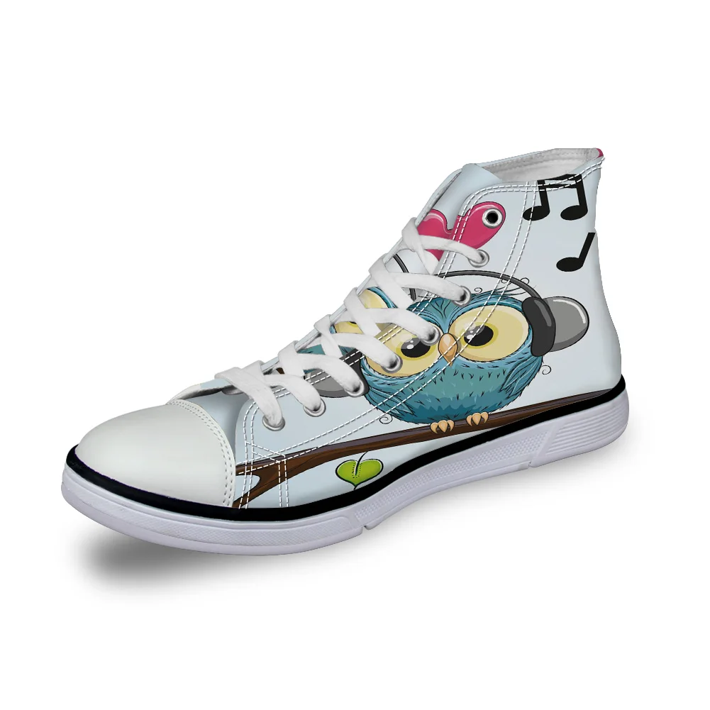 

WHEREISART Women Canvas Shoes Cartoon Owl Music Love Heart High Top Flats Unisex Vulcanized Shoes Female Casual Shoes Sneakers