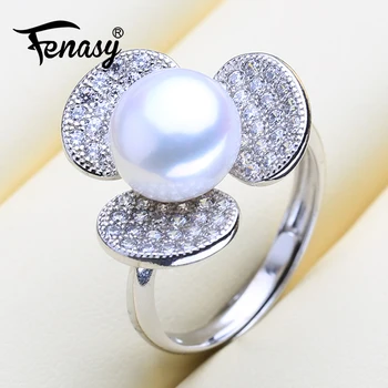 

FENASY Natural Freshwater Pearl Rings Trendy Adjustable Size Big Size Shining Flower 925 Sterling Silver Rings For Women