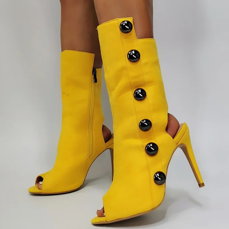 

Fresh Yellow Breathable Open Toe Boots 2022 Spring High Heel Peep Toe Shoes Ankle Boots Studs Irregular Cut Side Zip Size 47
