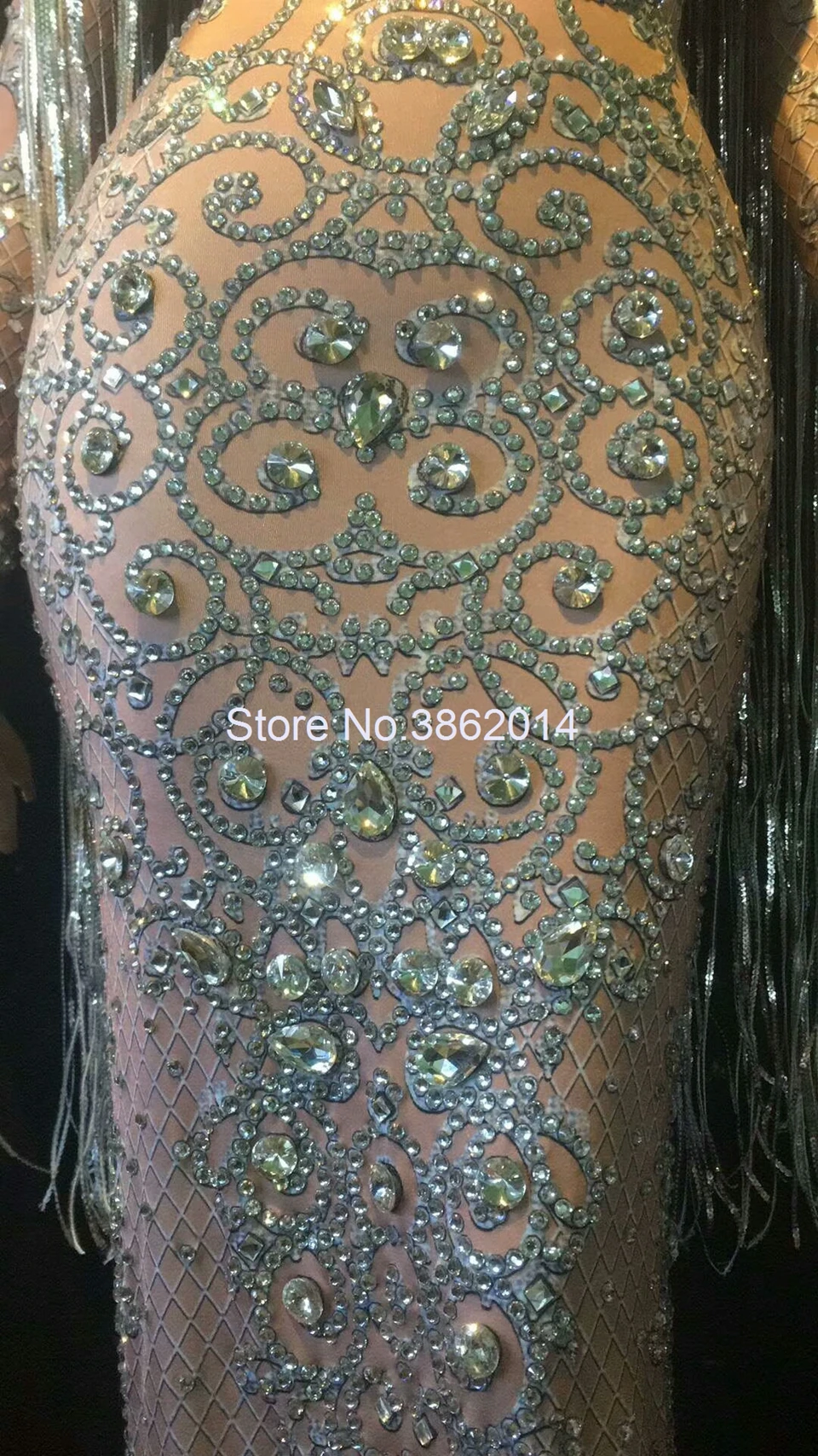 Hot Sexy Sparkly Crystals Long Dress Evening Party Rhinestones Dresses Birthday Celebrate Costume Fringes Dress Women Clothing