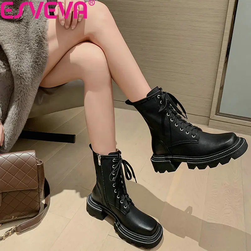 

ESVEVA 2022 Women Genuine Leather Thick bottom to keep warm Motorcycle Boots New Winter Women's Shoes Size 34-39