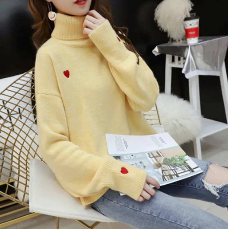 Mooirue зима женский Kawaii вязаный свитер водолазка с принтом в виде сердца винтажная свободная уличная одежда корейский стиль красные пуловеры - Цвет: Цвет: желтый