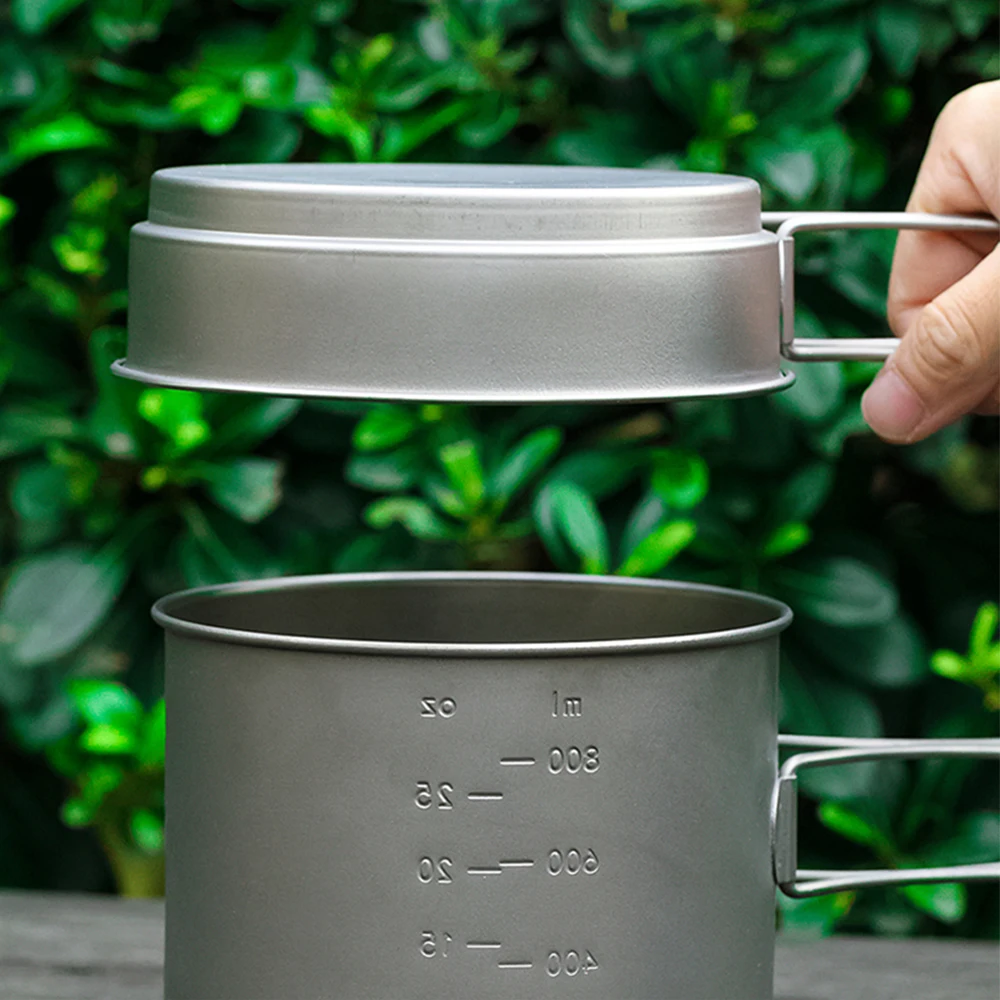 1100ML/ 600ML Titanium Pot Pan Set Super Lightweight Outdoor Camping Cookware Set Portable Cooking Tool with Folding Handle