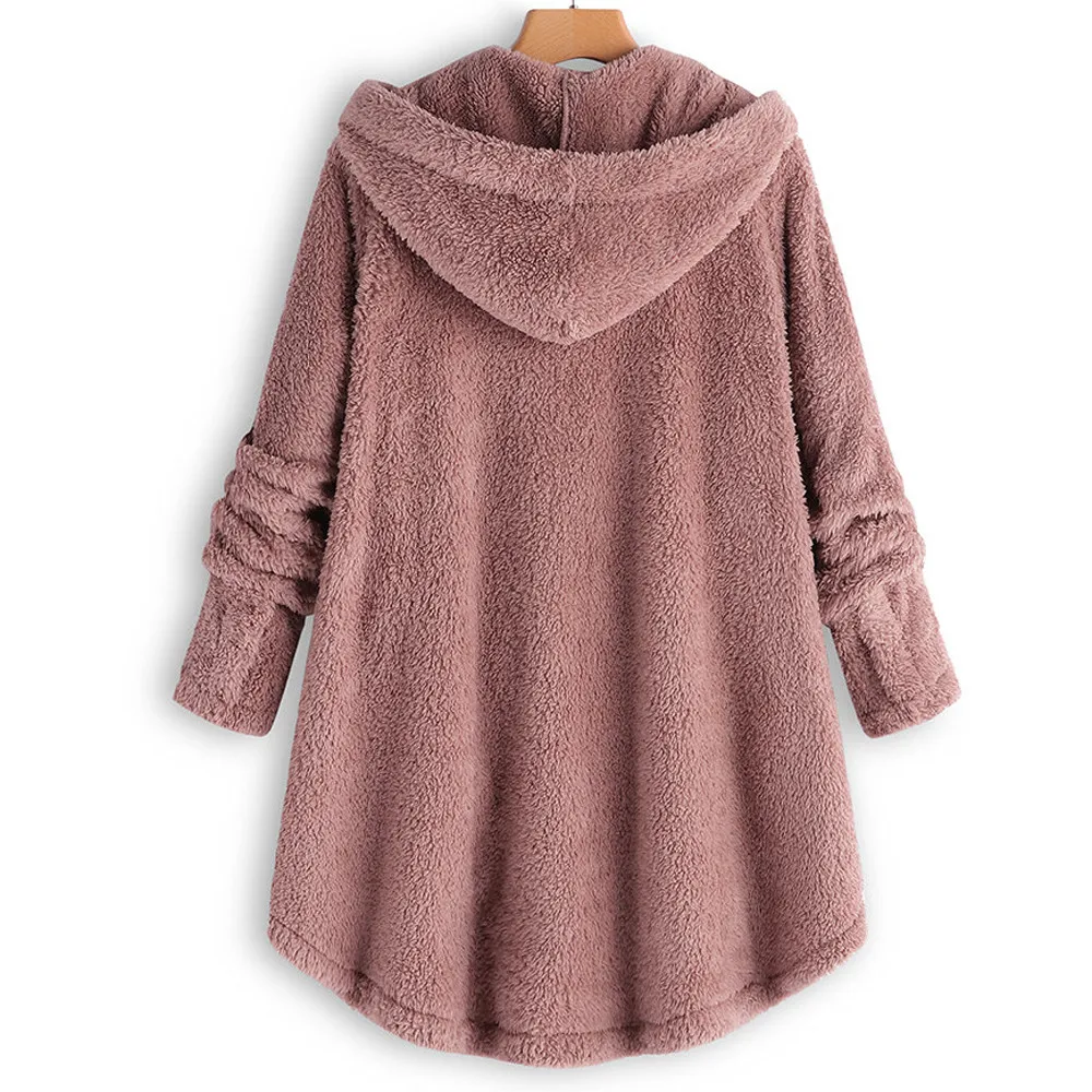 Women New Winter Plus Size S-5XL Button Coat Fluffy Tail Tops Hooded Pullover Loose Oversize Coats Warm Outwear for Fashion