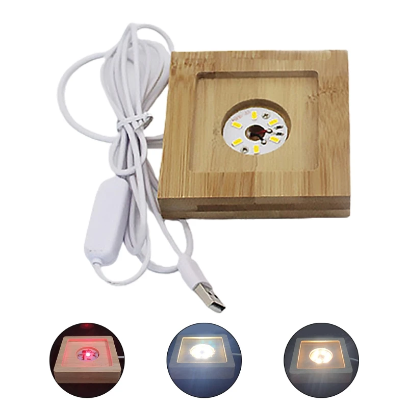 USB Creative 3D Crystal Ball Night Light Bedside Lamp Solid Wood Base Luminous Craft Glass Square Shape Table Decoration